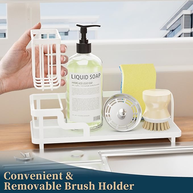Consumest Sponge Holder for Kitchen Sink - Sink Caddy Organizer with Water Absorbing Stone Tray, Detachable Brush Holder, Stainless Steel Kitchen Counter Organizer Rack, White - Image 3