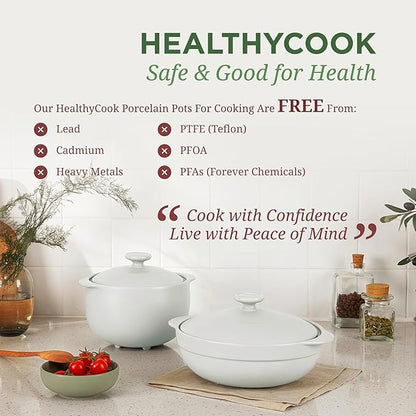 MINH LONG 1-Qt Porcelain Dutch Oven with Lid – Lead & Cadmium Free, Oven Safe to 482°F, Heat Retention, Clay Pot for Cooking on Gas & Infrared Cooktop, Use to Marinate, Cook, Bake, Refrigerate & Serve