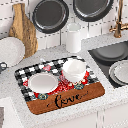 Valentine's Day Red Heart Truck Dish Drying Mat for Kitchen Counter,Black White Buffalo Plaid Love Drying Mat 16 x 18 Inch with Absorbent Reversible Microfiber Dish Drying Pad for Coffee Bar - Image 6