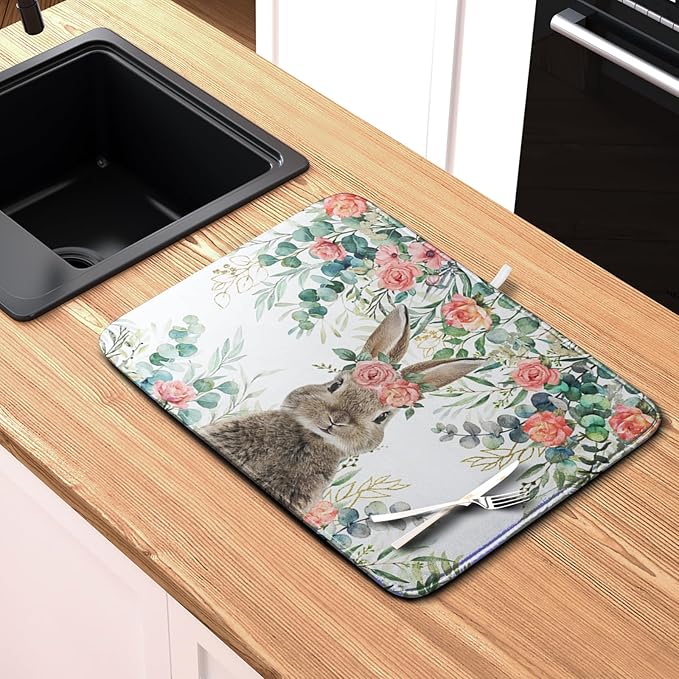 Easter Rabbit Dish Drying Mats for Kitchen Counter Easter Spring Watercolor Floral Bunny Absorbent Dish Drying Mat 16x18 Inch Absorbent Reversible Reusable Washable Dishes Drainer Mats - Image 6