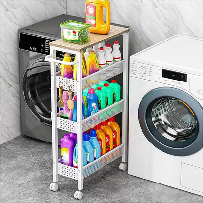 Vivihomety Utility Slim Storage Cart, 4 Tier Small Rolling Kitchen Laundry Room Cart with Wood Top, Metal Bathroom Storage Cabinet Mobile Shelf Unit Organizer Trolley with Handle for Narrow Space by EndlessStorage