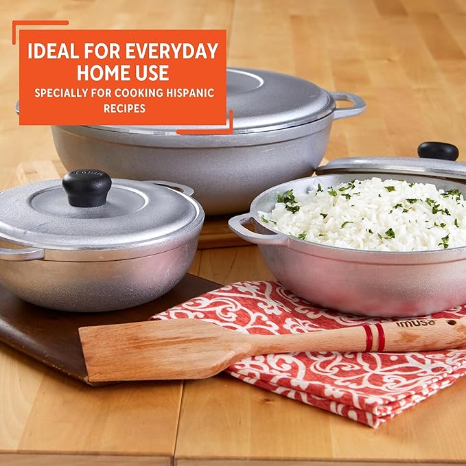 IMUSA Caldero Stock Pot with Lid 3pc Set, 1.5/3.5/7 QT, Cast Aluminum, Perfect for Serving Large & Small Groups, Riveted Handles, Made in Colombia, Silver