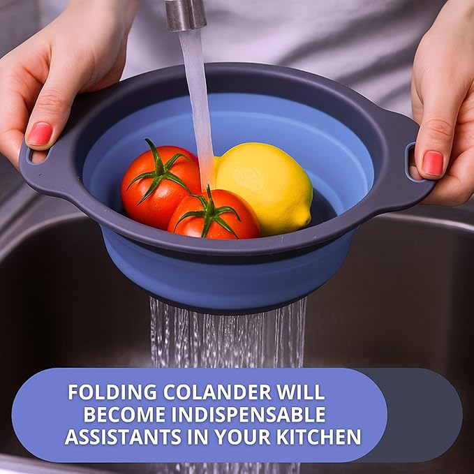 Blue Round Silicone Collapsible Colander – Silicone Round Kitchen Strainers with Plastic Handles Foldable Small Kitchen Strainer Perfect for Draining Pasta Vegetable and Fruit - Image 6