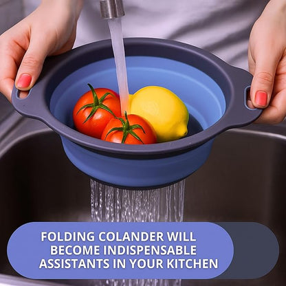 Blue Round Silicone Collapsible Colander – Silicone Round Kitchen Strainers with Plastic Handles Foldable Small Kitchen Strainer Perfect for Draining Pasta Vegetable and Fruit - Image 6