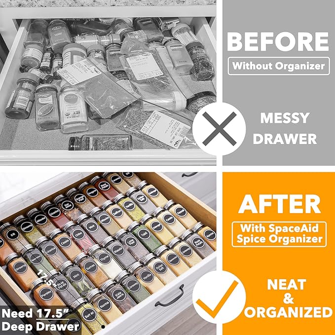 SpaceAid Spice Drawer Organizer with 44 Spice Jars, 386 Spice Labels, 4 Tier Seasoning Rack Tray Insert for Kitchen Drawers, 20.25" Wide x 17.5" Deep - Image 2