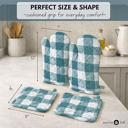 Native Fab Buffalo Plaid Check Oven Mitts and Pot Holders Set of 4, 100% Cotton Heat Resistant Kitchen Gloves, 2 Oven Mitts (7x13), 2 Pot Holders (8x8) for Cooking & Baking, Teal Green White - Image 6