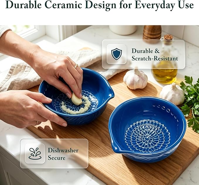 3-in-1 Ceramic Grater Bowl with Herb Stripper, Kitchen Tool for Garlic, Ginger & Vegetables, Easy to Clean Stripping Bowl for Kale, Rosemary, Thyme, and Basil, Dishwasher Safe (Blue)