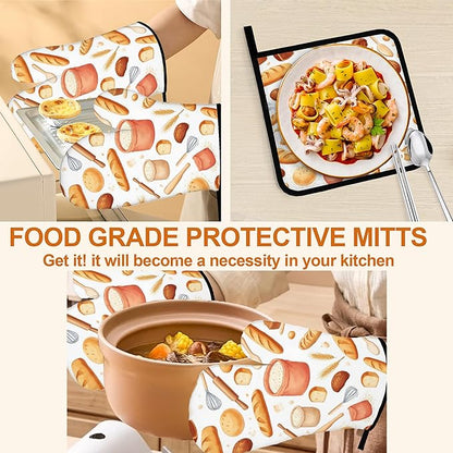 Kitchen Bread Oven Mitts with Matching Potholders - Heat Resistant Kitchen Accessories for Baking, Grilling, Cooking, Gifts for Women