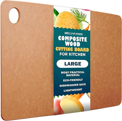 Dishwasher Safe Cutting Board for Kitchen - Large Composite Wood Chopping Board, Thin & Lightweight, Heat Resistant, BPA-Free and Eco-Friendly Cutting Board for Meal Prep, 14.5 x 11.25 Inch (Natural) by Belwares