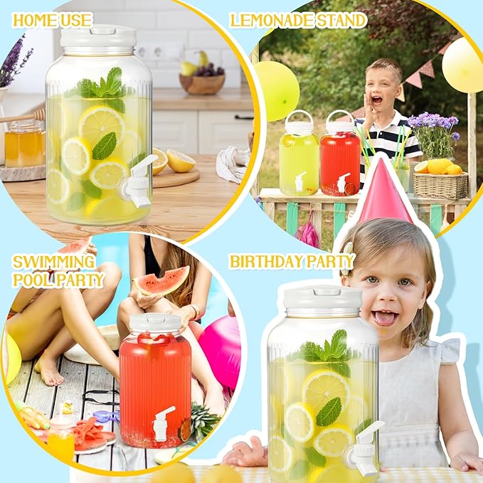 SiliFine 2 Pieces 1 Gallon Plastic Beverage Dispenser with Spigot Striped Clear Large Drink Beverage Dispenser Summer Fridge Water Container with Tap for Party Iced Tea, Sangria, Lemonade (White)