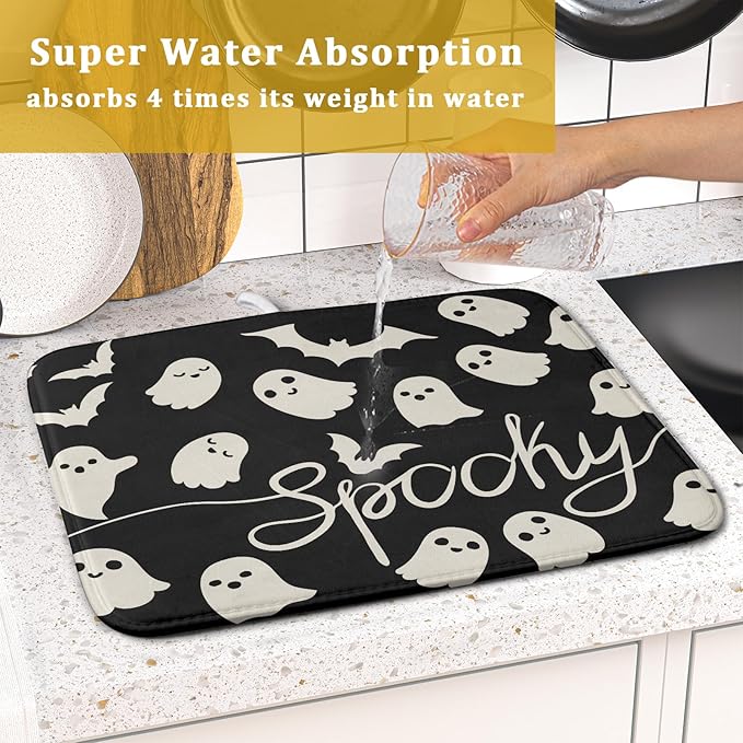 Halloween Dish Drying Mat for Kitchen Counter 16x18 Cute Ghost Black Spooky Holiday Scary Theme Absorbent Reversible Microfiber Drying Mats Kitchen Countertop Protector Dishes Drainer Pad - Image 7