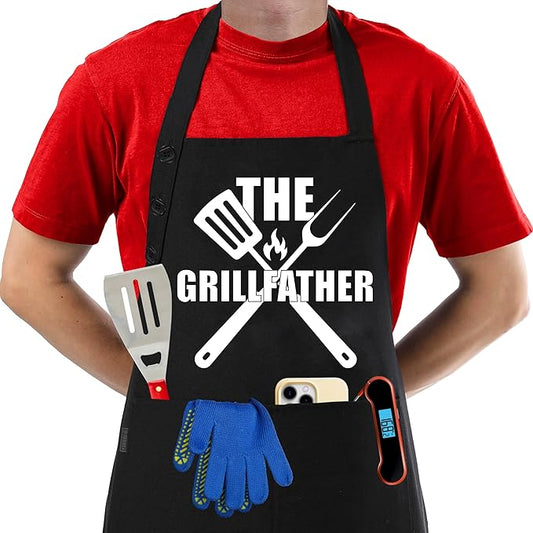 TOSHEX Funny Apron Waterdrop Resistant 100% Cotton Aprons for Women with Pockets Chef (1, Black - THE GRILLFATHER)