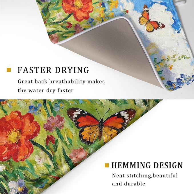 Cute Floral Dish Drying Mat for Kitchen Counter 18x24, Spring Summer Decorative Absorbent Reversible Microfiber Kitchen Countertop Protector Dishes Drainer Pad, Watercolor Flower Butterfly - Image 3