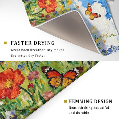 Cute Floral Dish Drying Mat for Kitchen Counter 18x24, Spring Summer Decorative Absorbent Reversible Microfiber Kitchen Countertop Protector Dishes Drainer Pad, Watercolor Flower Butterfly - Image 3