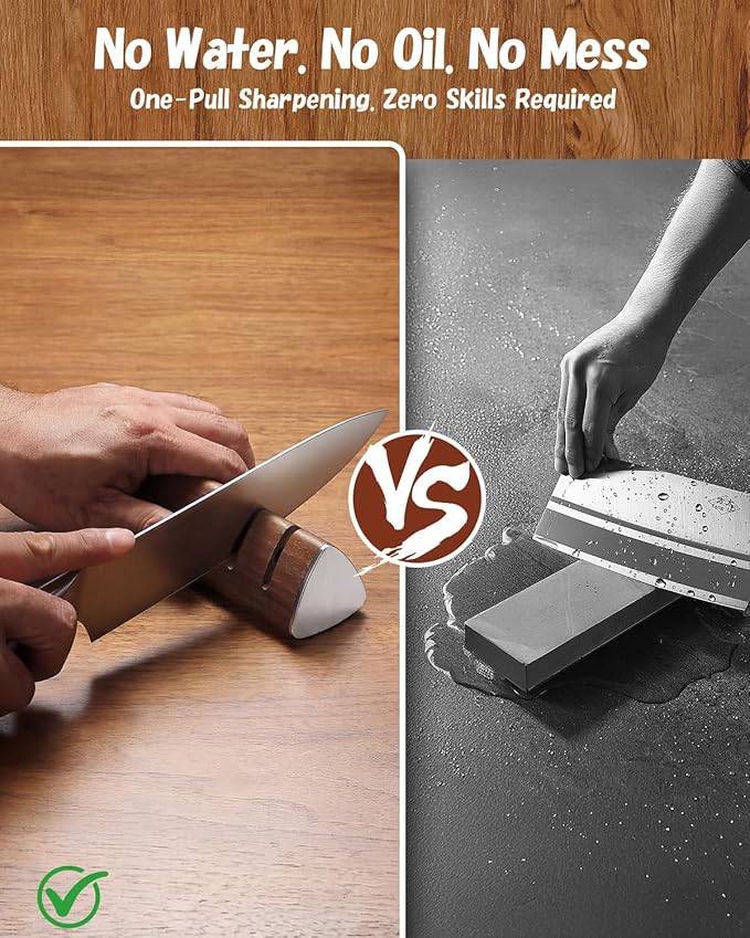 PAUDIN Walnut Knife Sharpener – 2-Stage Sharpening for Dull Knives, Safe for High-Carbon Steel Blades, Easy to Use – No Water, No Mess, One-Pull Sharpening, Kitchen Sharpener for Knives and Scissors