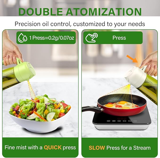 Vakoo Oil Sprayer for Cooking, 2 in 1 Oil Dispenser for Kitchen, 16oz/470ml Light-Blocking Dark Glass Olive Oil Spray Bottle, Air Fryer, Salad & BBQ (Green&White)