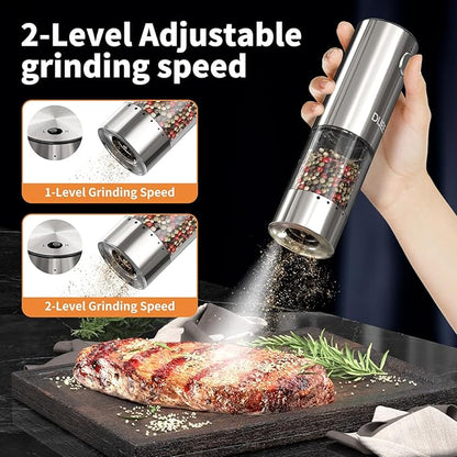 Electric Salt and Pepper Grinder Set,USB Rechargeable Pepper Mill with 6 Coarseness Settings, Automatic One-Touch Operation, Large Capacity Stainless Steel Spice Mills for Kitchen (2 Pack, Silver)