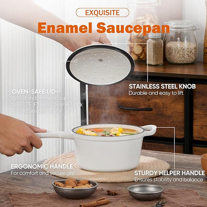 Homikit 1 QT & 2 QT Saucepan Set, Enameled Cast Iron Saucepan with Lid for All Cooktops, Small Pot Mini Dutch Oven for Kitchen Cooking, Boiling, Nonstick & Heavy Duty, White