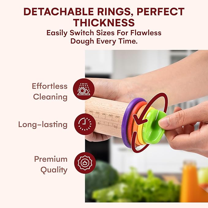 Kitchtic Rolling Pin with Thickness Rings - Adjustable Wooden Rolling Pin - Baking Essential and Roller Tool - Consistent Thickness - Easy to Clean - Beechwood Material - 13.7 x 2.75 x 2.75 inches - Image 4