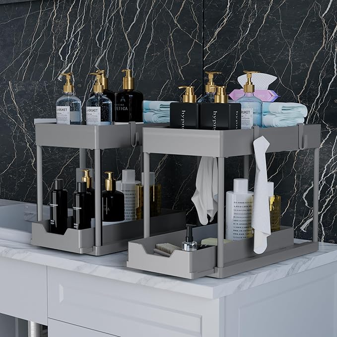 DEKAVA Under Sink Organizer 2 Pack，Bathroom Cabinet Organizer，2 Tier Sliding Cabinet Basket Organizer Drawer, Multi-Purpose Bath Collection Baskets for Bathroom (Grey) - Image 4