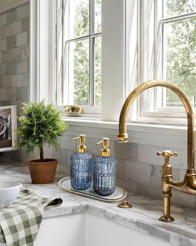 JASAI 18Oz Blue Glass Soap Dispenser with Golden Pump, Refillable Bathroom soap Dispenser with Thick Glass, Clear Kitchen Soap Dispenser for Dish Soap, Hand soap, Lotion.(Blue) - Image 4