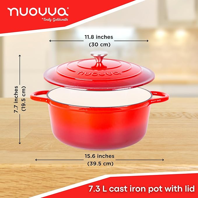 Cast Iron Dutch Oven with Lid – Non-Stick Ovenproof Enamelled Casserole Pot – Sturdy Dutch Oven Cookware – Red, 7.3-Quart, 30cm – by Nuovva - Image 2
