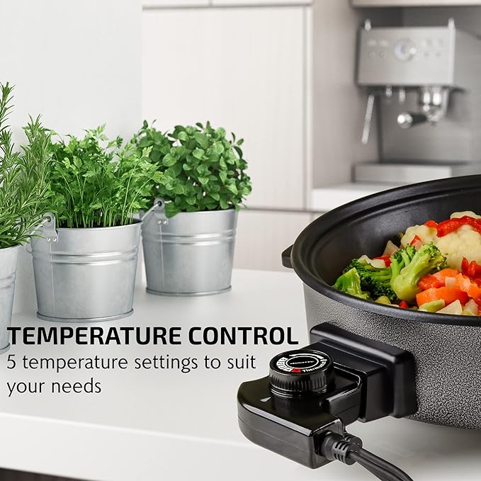 OVENTE 11.5-Inch Electric Skillet & Frying Pan, 1400W Nonstick Cooking Pan with Adjustable Temperature Control, Tempered Glass Lid with Steam Vent, Cool-Touch Handles, Easy-Clean Black SK11112B - Image 4