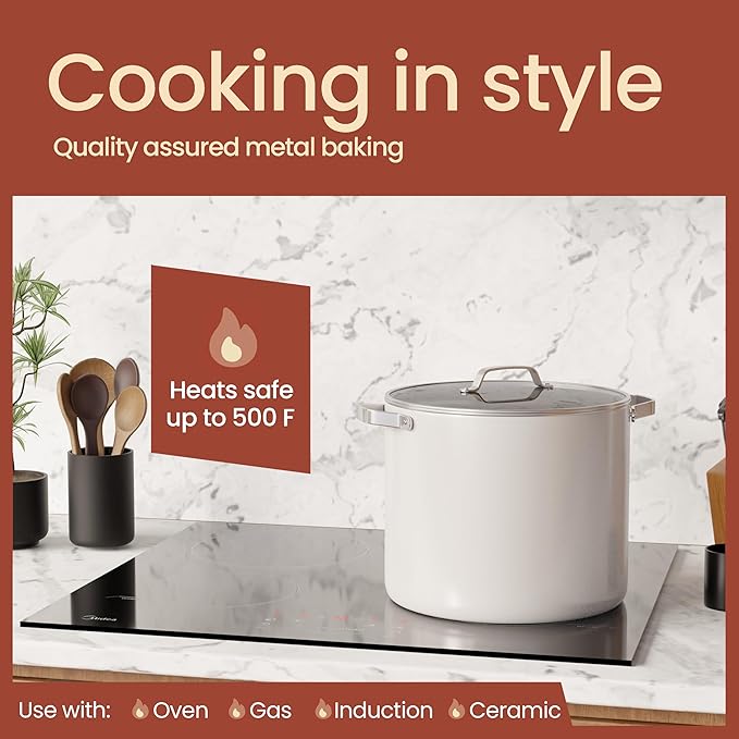 Bakken 12.5 Quart Ceramic Coated Stock Pot with Lid, Easy Clean Nonstick Pot, Tempered Glass Lid, Riveted Stainless Steel Handles, Oven Safe Up To 500°F, PTFE & PFAS Free, All Stove Compatible, Cream - Image 3