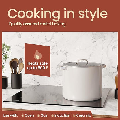 Bakken 12.5 Quart Ceramic Coated Stock Pot with Lid, Easy Clean Nonstick Pot, Tempered Glass Lid, Riveted Stainless Steel Handles, Oven Safe Up To 500°F, PTFE & PFAS Free, All Stove Compatible, Cream - Image 3