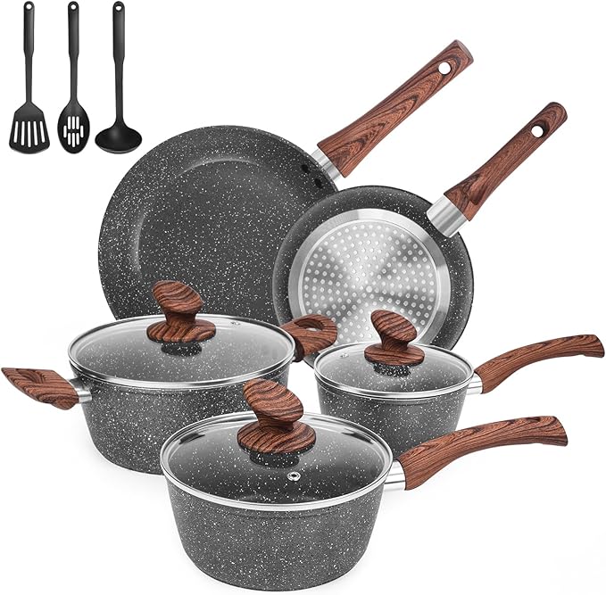 M MELENTA Granite Pots and Pans Set Non Stick, 11 Piece Die-Cast Induction Cookware Set, Nonstick Kitchen Cooking Set w/Frying Pans & Saucepans, PFOA Free by MMELENTA