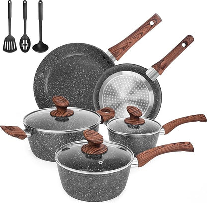 M MELENTA Granite Pots and Pans Set Non Stick, 11 Piece Die-Cast Induction Cookware Set, Nonstick Kitchen Cooking Set w/Frying Pans & Saucepans, PFOA Free by MMELENTA
