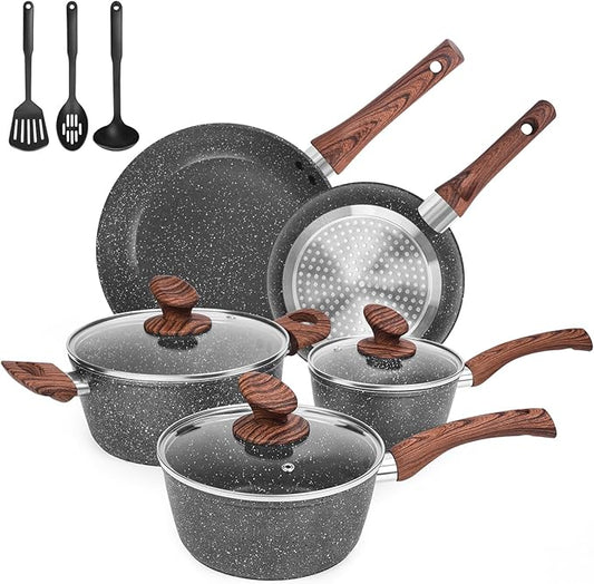 M MELENTA Granite Pots and Pans Set Non Stick, 11 Piece Die-Cast Induction Cookware Set, Nonstick Kitchen Cooking Set w/Frying Pans & Saucepans, PFOA Free by MMELENTA