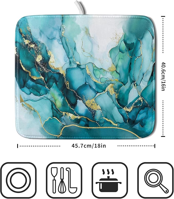 Giwawa Teal Marble Dish Drying Mat Turquoise Blue Marbling Print Dish Drainer Mats 16"x18" Modern Granite Microfiber Reversible Dish Drying Rack Pad Protector for Kitchen Countertop Decor