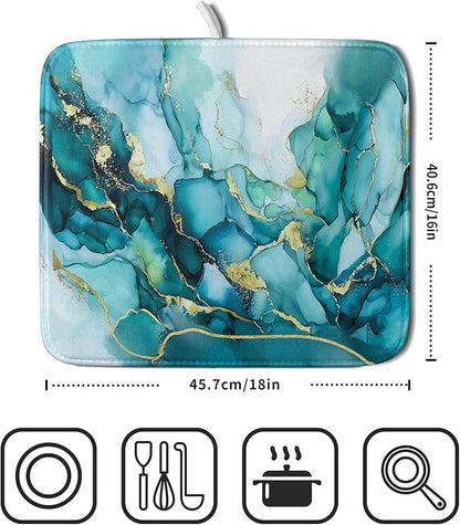 Giwawa Teal Marble Dish Drying Mat Turquoise Blue Marbling Print Dish Drainer Mats 16"x18" Modern Granite Microfiber Reversible Dish Drying Rack Pad Protector for Kitchen Countertop Decor