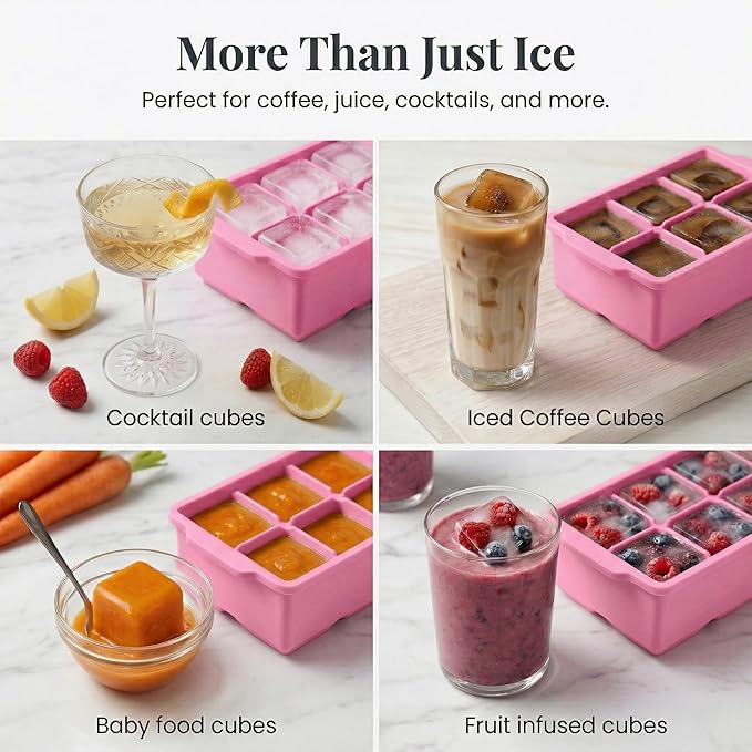 KitchFort Large Silicone Ice Cube Tray (2-Pack), Easy Release 2" Big Ice Cubes - Cocktail, Whiskey Ice Cubes Mold - Ice Trays for Freezer with Lid - Stackable Silicone Ice Tray - Pink - Image 7