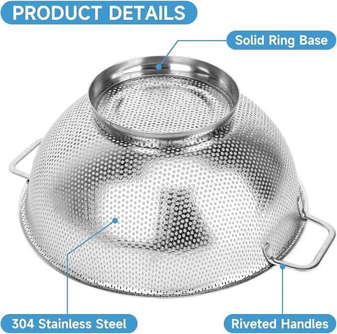 2PCS Colander for Kitchen, 3QT and 5QT, Stainless Steel Colander Strainer with Handle for Fruits Vegetables Cooking Food, Dishwasher Safe - Image 4