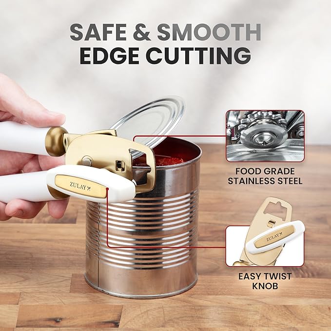 Zulay Kitchen Heavy Duty Stainless Steel Can Opener Manual with Bottle Opener - Rust Proof Manual Can Opener With Turn Knob & Comfy Soft Grip Handles - White & Gold - Image 4