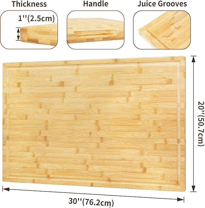 Utoplike Extra Large Cutting Board for kitchen, 30 x 20 Inch Bamboo Chopping Boards, Wood Stove Top Cover, Over the Sink Butcher Block with Juice Groove for Turkey, Meat, Vegetables, BBQ, 1"Th