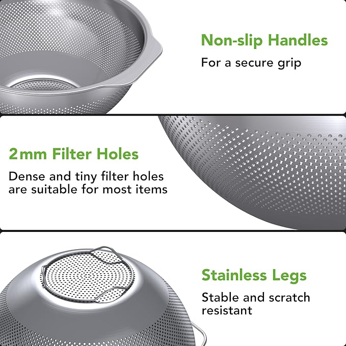 304 Stainless Steel Colander and Strainer, 5QT Large Capacity and 6QT Mixing Bowl, Micropore for Washing Rice, Fruit, and Cooked Pasta, Perfect Draining for Grain and Bean - Image 2