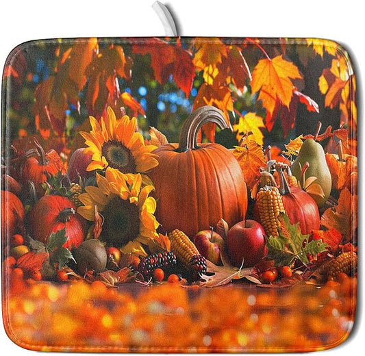 Fall Harvest Pumpkin Dish Drying Mat for Kitchen Counter,Thanksgiving Maple Leaves Sunflower Drying Mat 16 x 18 Inch with Absorbent Reversible Microfiber Dish Drying Pad for Coffee Bar by Anyako