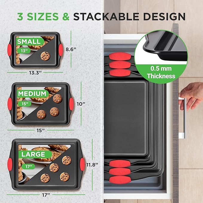 NutriChef 3-Piece Nonstick Kitchen Oven Baking Pans - Premium & Stylish Non-Stick Steel, Commercial Grade Restaurant Quality Metal Bakeware with Red Silicone Handles - Easy to Clean, NCSBS3S - Image 2