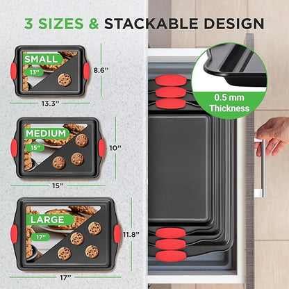 NutriChef 3-Piece Nonstick Kitchen Oven Baking Pans - Premium & Stylish Non-Stick Steel, Commercial Grade Restaurant Quality Metal Bakeware with Red Silicone Handles - Easy to Clean, NCSBS3S - Image 2