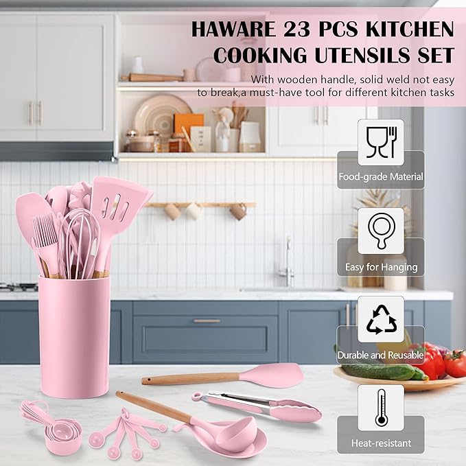 HaWare Kitchen Cooking Utensils Set, 23-Piece Silicone Kitchen Utensils Spatula Set with Holder, Heat Resistant Wooden Handle Kitchen Gadget for Nonstick Cookware, Food-grade Turner Spoon Sets (Pink) - Image 3