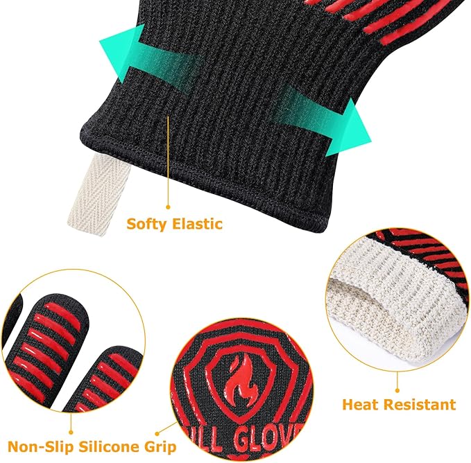 QUWIN BBQ Gloves, BBQ Accessories 1472℉ Extreme Heat Resistant, Grilling Gloves Silicone Non-Slip Oven Mitts, Kitchen Gloves for BBQ, Grilling, Cooking, Baking-1 Pair 11inch, Red - Image 6