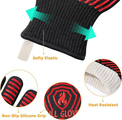 QUWIN BBQ Gloves, BBQ Accessories 1472℉ Extreme Heat Resistant, Grilling Gloves Silicone Non-Slip Oven Mitts, Kitchen Gloves for BBQ, Grilling, Cooking, Baking-1 Pair 11inch, Red - Image 6