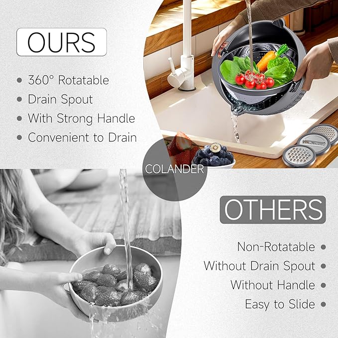 4-1 Colander with Lid Set - Rotatable Strainer With Bowl(Patented), Pasta Strainer with New Upgraded Graters, Strainer And Colanders, Fruit Cleaner, Veggie Wash, Apartment Kitchen Gadgets - Grey - Image 4