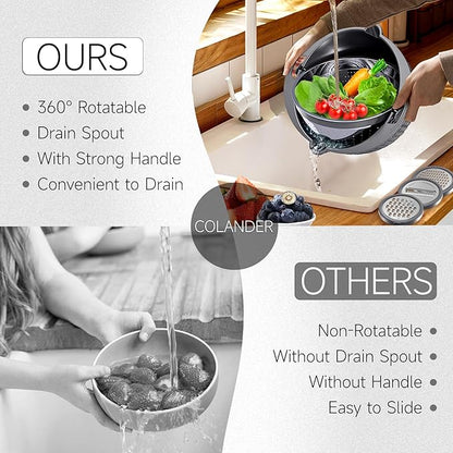 4-1 Colander with Lid Set - Rotatable Strainer With Bowl(Patented), Pasta Strainer with New Upgraded Graters, Strainer And Colanders, Fruit Cleaner, Veggie Wash, Apartment Kitchen Gadgets - Grey - Image 4