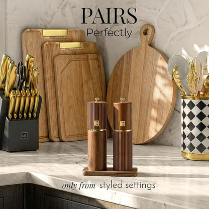 Wooden Salt and Pepper Grinder Set – Refillable Manual Salt and Pepper Mills with Adjustable Ceramic Burrs, Gold Detailing, and Wood Stand – Dark Wood - Image 3