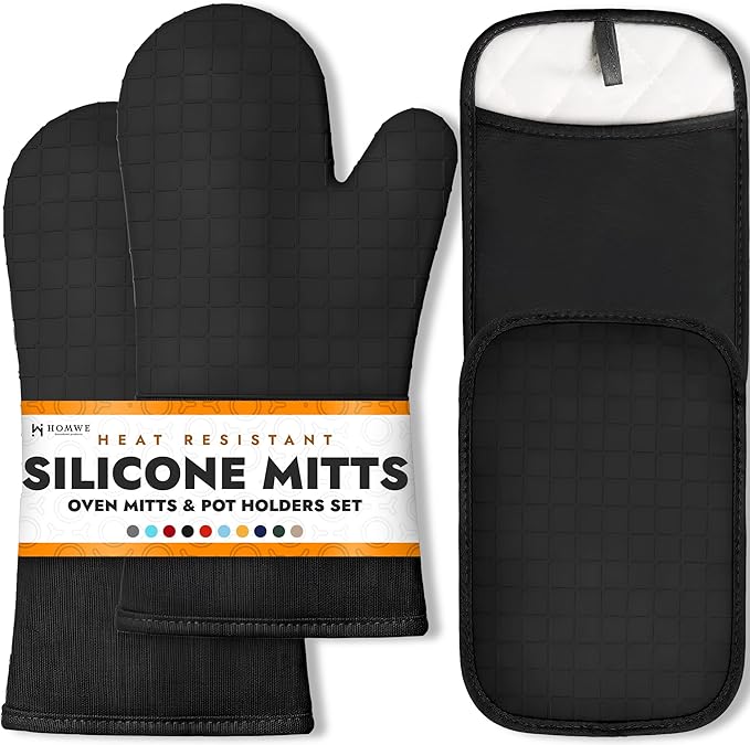 HOMWE Silicone Oven Mitts and Pot Holders for Kitchen & Baking - Set of 4 Heat-Resistant, Heavy-Duty Cooking Mittens w/Non-Slip, Textured Grip (Black) by HOMWE