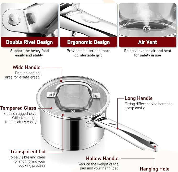 P&P CHEF 1 Quart & 2 Quart Saucepan with Lid Set, Stainless Steel Small Cooking Pot Induction Sauce Pan for Pasta Soup, Ergonomic Handle & Tri-ply Base, Dishwasher Safe, 2 Pan - Image 3